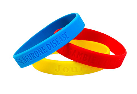 Custom debossed silicone wristbands in blue, red and yellow